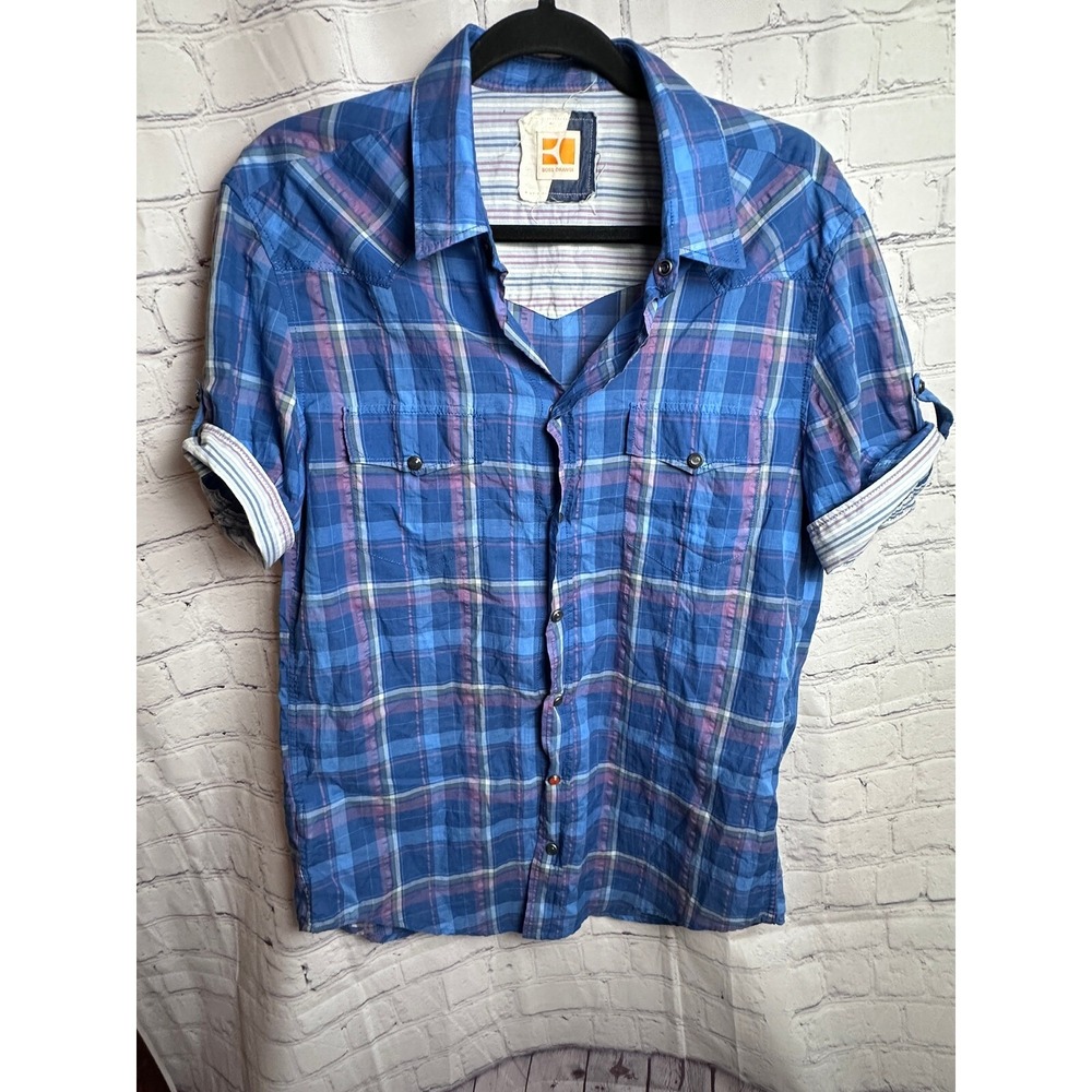BOSS Orange Plaid Shirt Short Sleeve Button Up Casual Blue